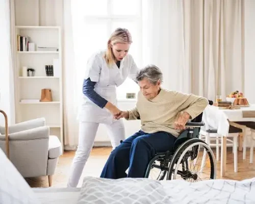 A young health visitor helping a senior woman to stand up from a wheelchair at home.